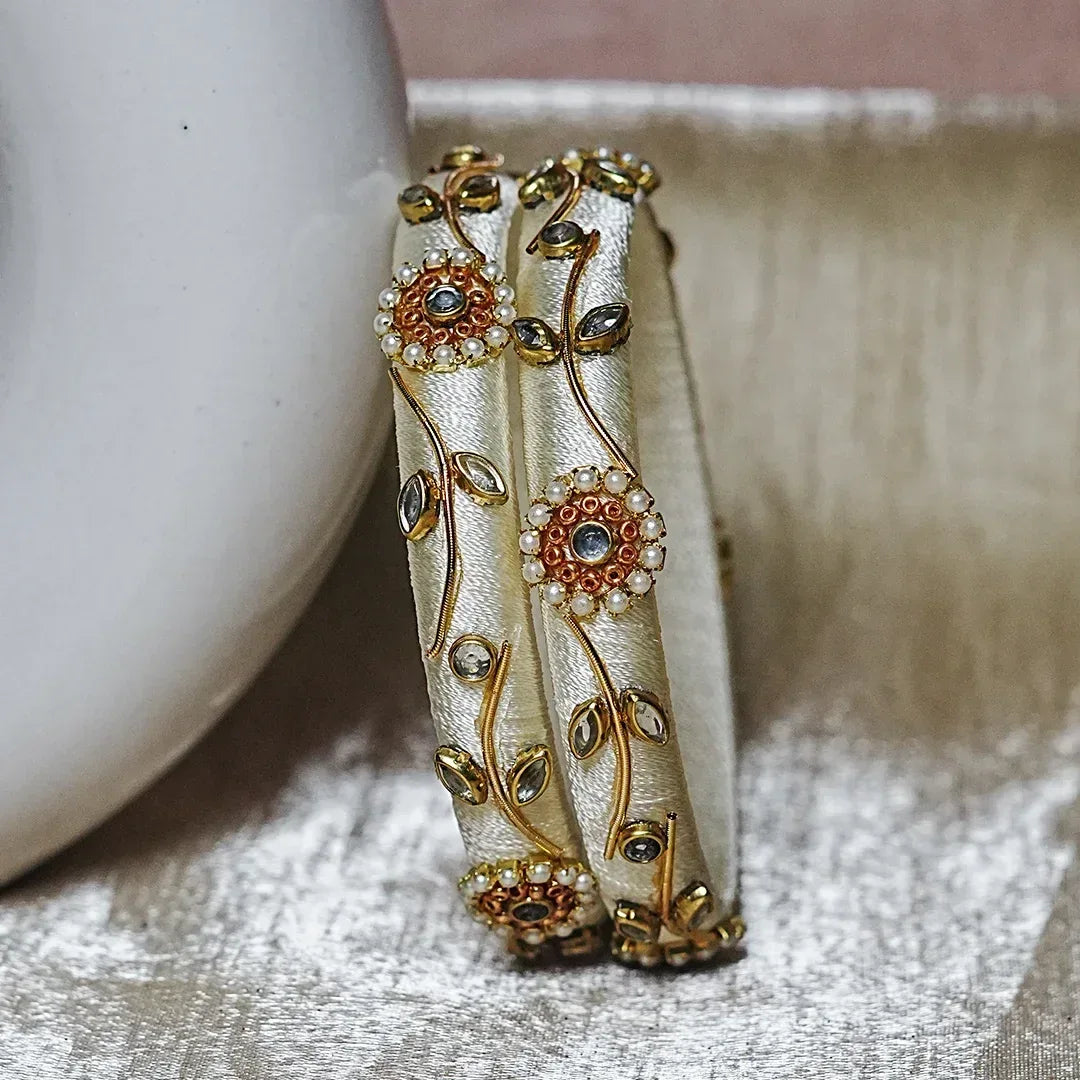 Designer Thread Work Kundan Leaf Style Kada Bangle for Women & Girls (Pack of 2) - The Golden Cascade